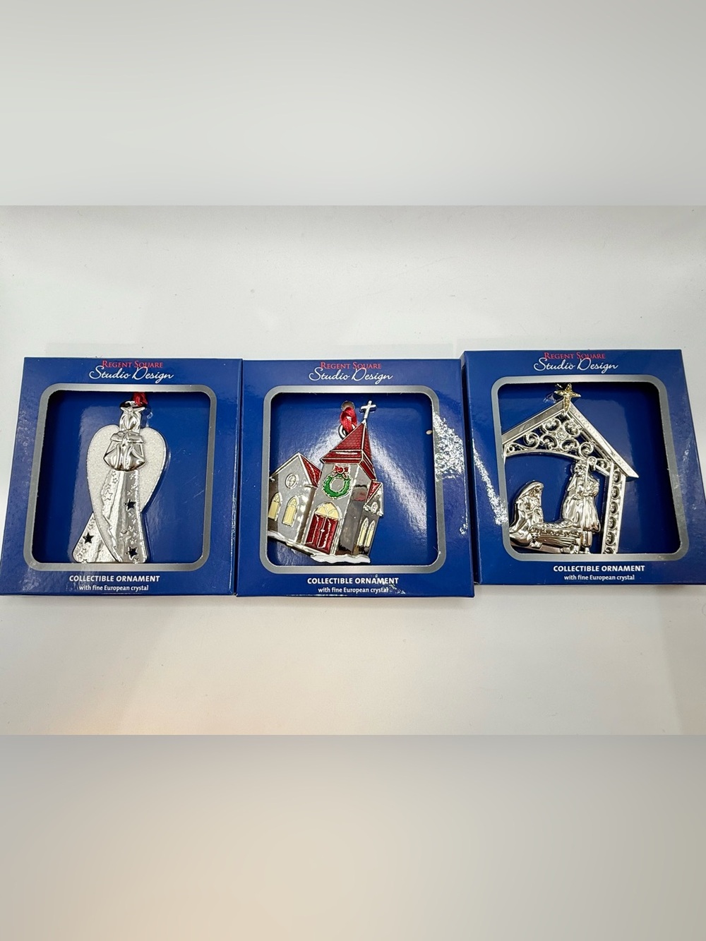 Regent square collectible ornament w/fine European crystals angel, church,manger